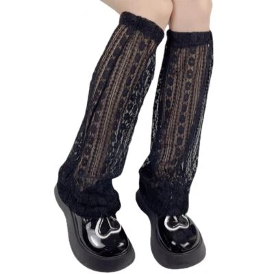 Calentadores de piernas florales de tul negros largos transparentes calcetines sin pies Y2K Lolita Kawaii Bo... Foto 1 de 4