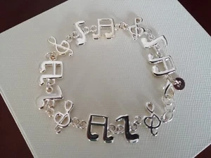 Woman's Sterling Silver 925 Music Note Treble Clef Charm Chain Bracelet 20cm 8" - Picture 1 of 14
