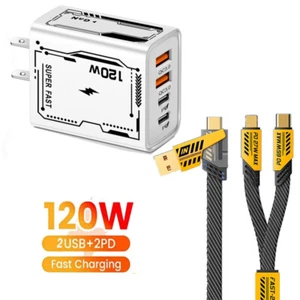 4-In-1 120W Super Fast Charging Cable Charger Data Cord USB-C For iPhone Samsung - Picture 1 of 21