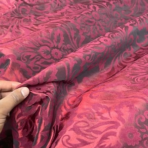 Wine Red DAMASK Flock Velvet Flocked Dress Taffeta Fabric Upholstery Dressmaking - Picture 1 of 5