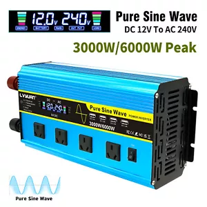 3000W 6000W Pure Sine Wave Power Inverter 12V - 240V 4USB 4Socket Remote Control - Picture 1 of 9
