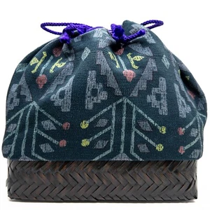 Vintage japanische Kinchaku Kordelzug Tasche Takekago Bambus Korb blau Viskose: Aug22-P - Bild 1 von 5