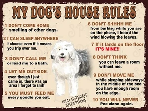 Old English Sheepdog My Dog's House Rules Retro Metal Tin Sign Plaque Gift - Picture 1 of 4