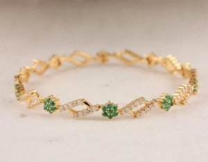 5CT Round Simulated Emerald/ Diamond Girl Tennis Bracelet 14k Yellow Gold Plated - Picture 1 of 7