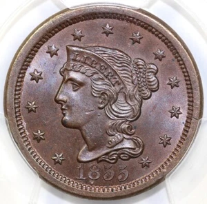 1855 1c Upright 55 N-4 Braided Hair Large Cent PCGS and CAC MS 65 BN - Picture 1 of 5