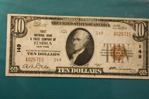 1929 $10 THE FIRST NATIONAL BANK & TRUST COMPANY OF ELMIRA, NY BANKNOTE #149 - Picture 1 of 6
