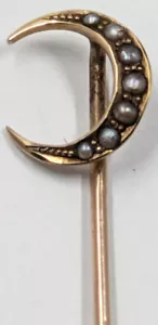 Vintage Antique Nouveau 10K Gold Hat Stick Pin Brooch Seed Pearls Crescent Moon - Picture 1 of 9