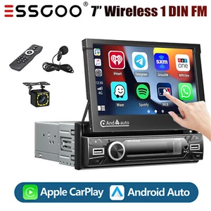 Single 1 DIN 7" Car Stereo Flip Out CarPlay USB Bluetooth BT MP5 Player+MIC&CAM - Picture 1 of 15