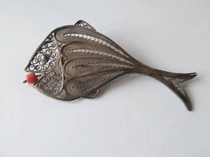 Antique Silver Filigree Fish Brooch With Coral Bead - Picture 1 of 6
