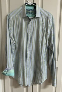 Robert Graham Shirt Adult Large Yellow Blue Flip Cuff Embroidered - Picture 1 of 8