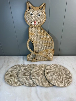 Soporte trivet colgante de pared de cocina vintage de mimbre ratán tejido gato 16" de alto Foto 1 de 4