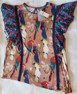 NWT Ladies CONDITIONS APPLY Cap Slv Top Colorful Parrot Birds ANTHROPOLOGIE, XL - Picture 1 of 4
