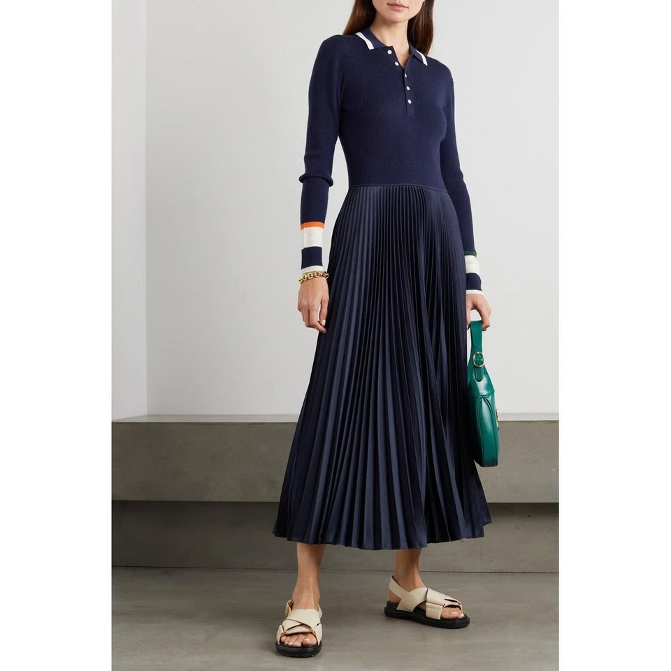 POLO RALPH LAUREN Híbrido Suéter Plisado Midi Vestido Polo en Hunter Azul Marino Talla M Foto 1 de 4