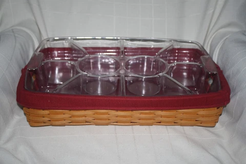 LONGABERGER 2001 Large SERVING HOSTESS BASKET w 2 Protectors - 10 way &Red LINER Cover