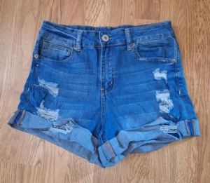 Rue 21 Womens Distressed Cut Off Blue Flap Hem High Rise Shortie Jean Shorts 8 - Picture 1 of 12