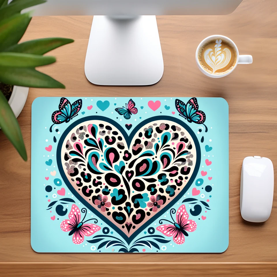 Leopard Print Heart with Butterflies Custom Mouse Pad (Blue) - Image 1 of 1