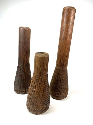 3 Vtg Antique Wood Bobbins Spools Yarn Candle Holders 10" Farm Primitive Decor - Image 1 of 4