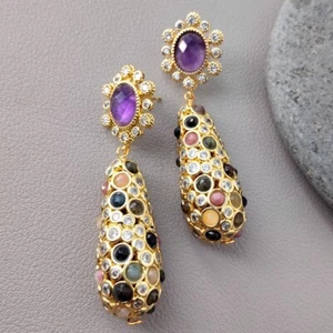Gold Plated Amethyst Tourmaline Gemstone Dangle Stud Earrings Trendy Jewelry - Picture 1 of 6