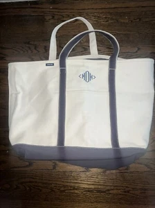 Lands End Boat & Tote Bag XL Natural Tan & Navy Canvas 23x16 zip Top heavy duty - Picture 1 of 5