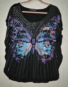 Blouse Almost Famous 1X Black With Beautiful Colorful Butterfly And Sparkle  - Picture 1 of 6