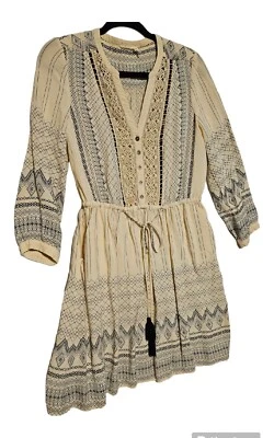 Vestido Floreat Anthropologie Crema Negro Geométrico Boho Talla 4 Bolsillos Foto 1 de 4