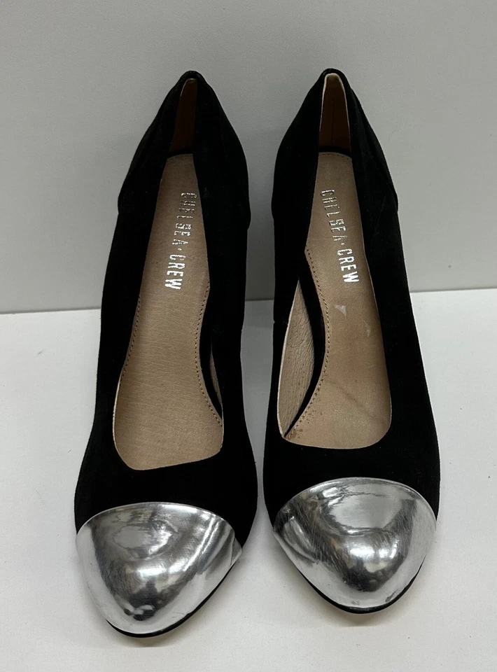 Chelsea Crew style Cappy metallic silver cap toe black suede pumps size 9 - Image 1 of 4