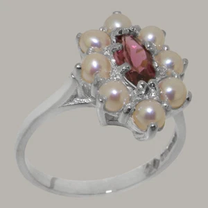 Solid 9ct White Gold Natural Pink Tourmaline & Full Pearl Womens Cluster Ring - Picture 1 of 5