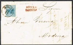 1853 Lombardy Venetia Milano-Modena 45c MILANO CDS b/s Blue MODENA CDS Fine - Picture 1 of 2