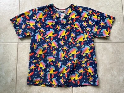 Lot 3 Nursing Uniform Scrub Tops Women S-Colorful Fish Pattern+Cat Hearts+White - Image 1 of 4