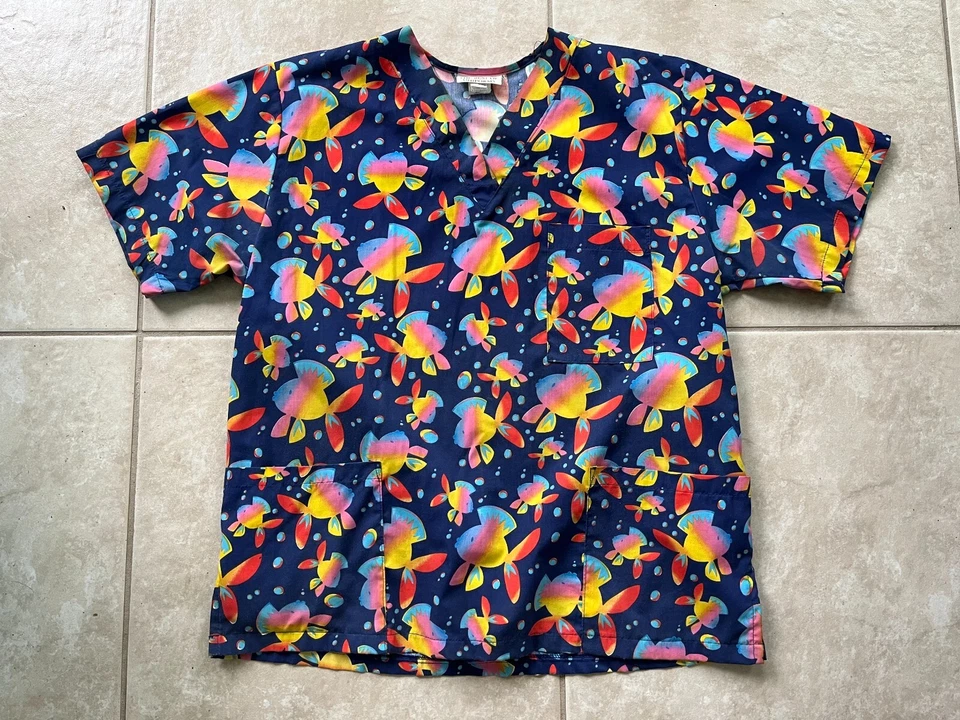Lot 3 Nursing Uniform Scrub Tops Women S-Colorful Fish Pattern+Cat Hearts+White - Image 1 of 4