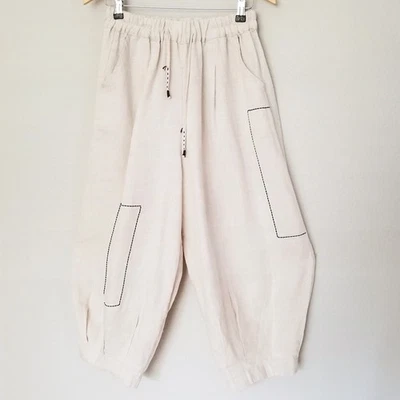 Pantalones Globo Linterna Bordados 100% Lino Beige Natural Cintura Alta OS Foto 1 de 4