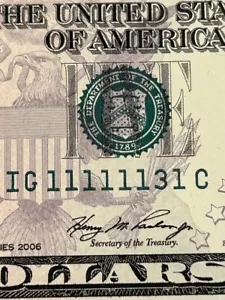 2006 $5 FRN Gem CU near Solid Same Serial Number seven 1's note 3 of 4 - Picture 1 of 3
