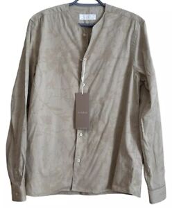 Neuf avec étiquettes chemise Zara Man Studio sans collier brun boutonné feuille imprimé laine mélange moyen