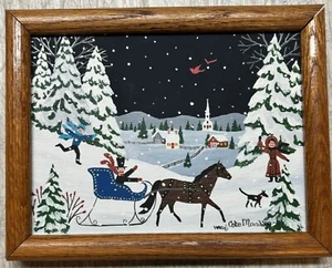 Original CATE MANDIGO Winter HORSE Sleigh Ride Children FOLK ART Oil Painting - Picture 1 of 10