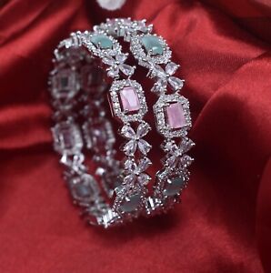 Indian Jewelry Color CZ AD Silver Plated Bracelet Wedding Kada Bangles Sets 2 pc