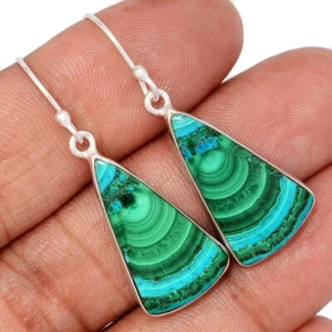 Natural Malachite In Chrysocolla 925 Sterling Silver Earrings Jewelry CE50392 - Picture 1 of 1