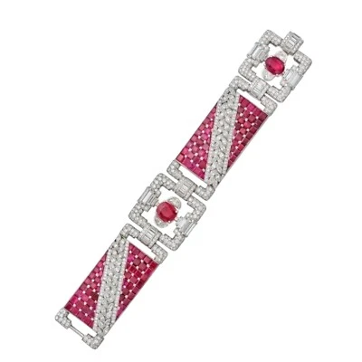 Art Deco Lab Burmese Ruby Broad Statement Bracelet 925 Sterling Silver Jewelry - Image 1 of 4