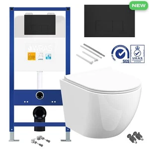 Rimless Wall Hung Toilet Pan & Seat with 1.10m Concealed Cistern Frame WC Unit - Picture 1 of 10
