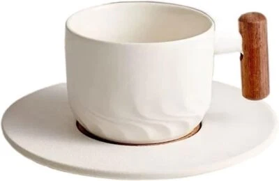 ROMLN 130毫升陶瓷咖啡杯带碟子-木柄浓缩咖啡茶杯套装 — 第 1/4 张图片