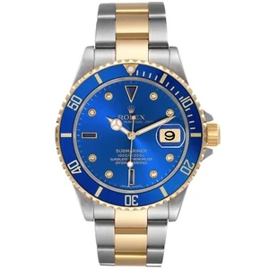 Rolex Submariner Date 40mm Gold/Steel Blue Serti Diamond Dial Men's Watch 16613 - Picture 1 of 23