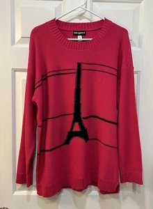 Karl Lagerfeld Pink Paris Sweater Sz L Vibrant Cotton Blend Eiffel Tower Preppy - Picture 1 of 6