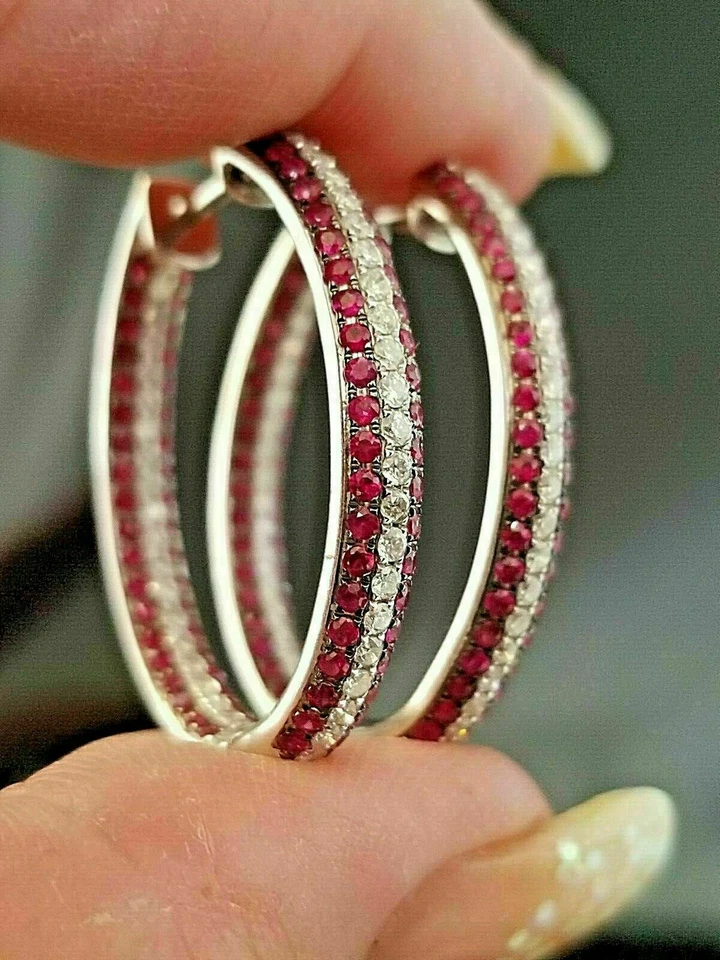 2.50 Ct Round Red Ruby and Diamond Simulated Hoop Earring's 925 Sterling Silver - Image 1 of 4