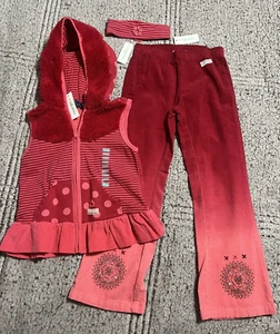 NEW Naartjie Hooded Vest Dyed Corduroy Pants Headband Sz 7 Girls 3 Pc Red Coral - Picture 1 of 13