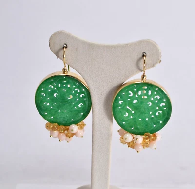 ORECCHINI  ARGENTO 925  GIADA  TONDA CITRINO CORALLO ROSA              AGHT 0888 - Immagine 1 di 3