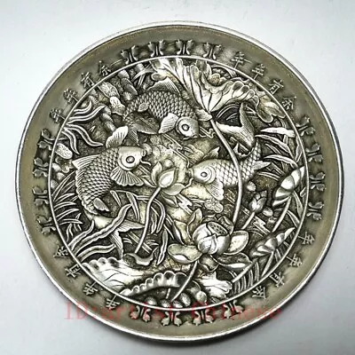 Old Collection China Tibet Silver Carving Lotus Fish Dragon Dish Bowl Ornament • 29.74$