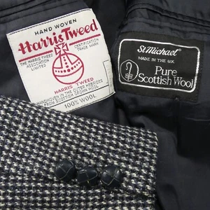 VTG 100% Genuine Harris Tweed England Bold Navy Blue Check Sport Coat 44/42 S - Picture 1 of 13