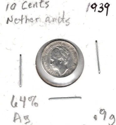 Moneda de 10 centavos de plata de los Países Bajos 1939 64 % Foto 1 de 2