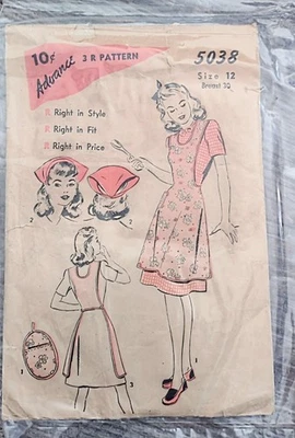 Vintage Advance 3 R Pattern, Girls Apron Set Pattern 5038 (Size 12) - Image 1 of 2