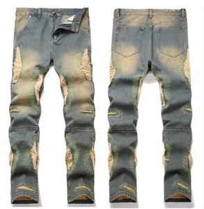 Men Retro Blue Denim Jeans Straight Leg Ripped Tassels Embroidery Punk Boy Pants - Picture 1 of 14