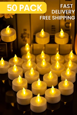50-Pack Flameless LED Tea Light Candles Warm Yellow Flickering Battery Operated - Image 1 of 4